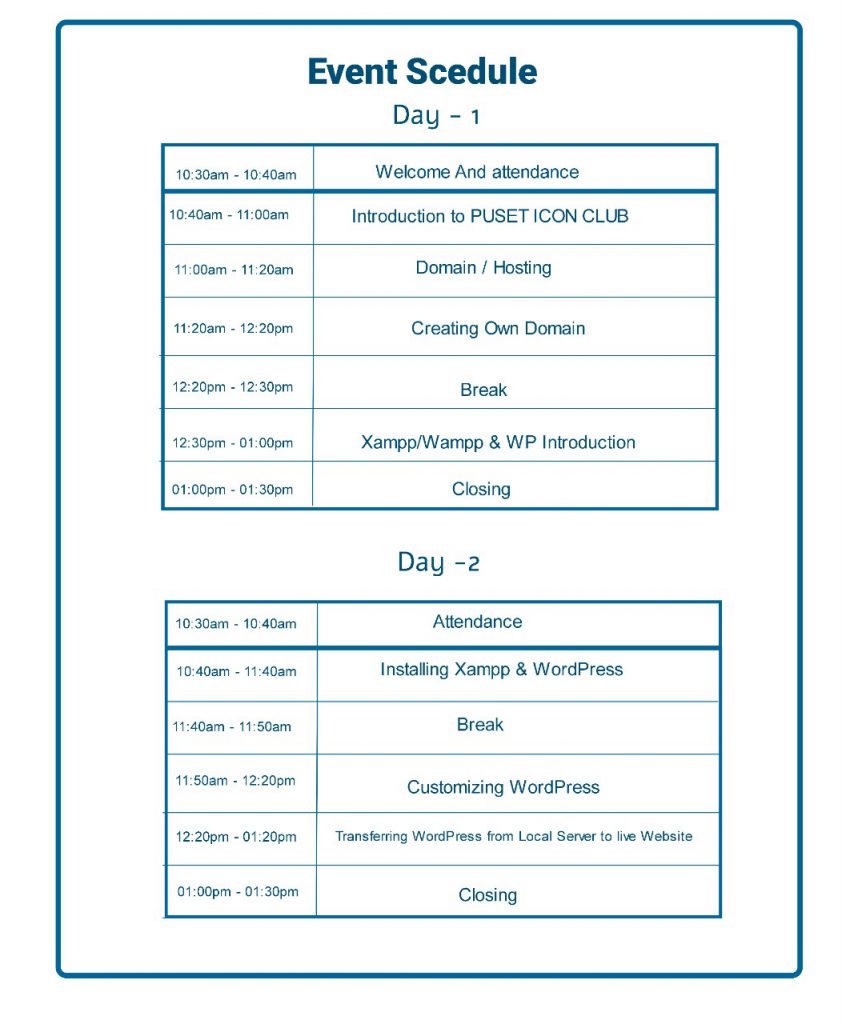 Introduction to web 1.0 Schedule