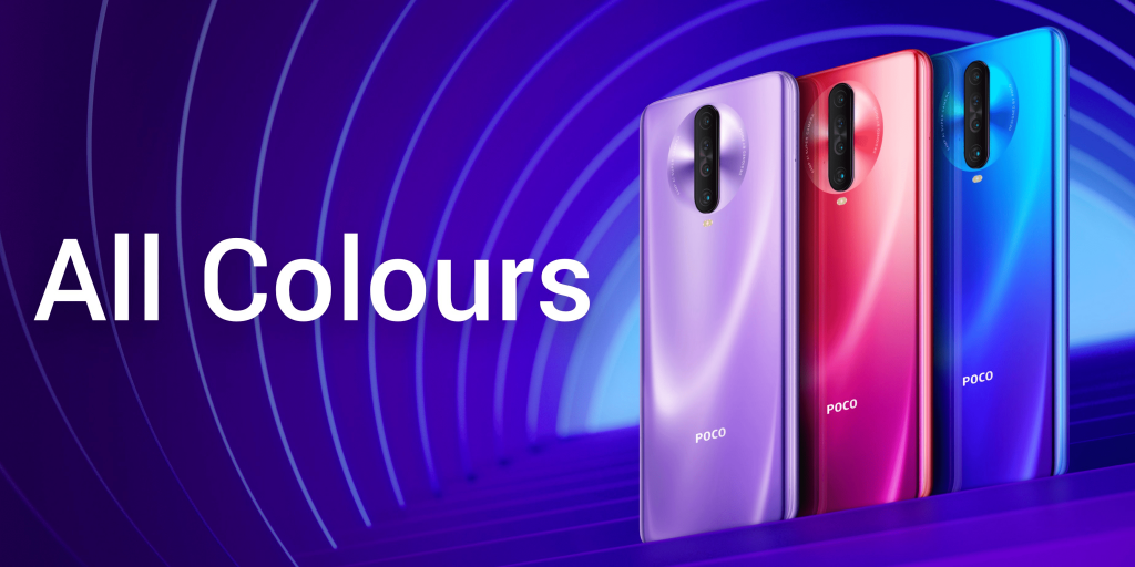 poco x2 Atlantis Blue, Matrix Purple, and Phoenix Red